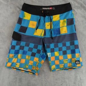 Quiksilver Board Shorts Mens 32 Blue Yellow Checkered Swim‎ Trunks 4-Way Stretch